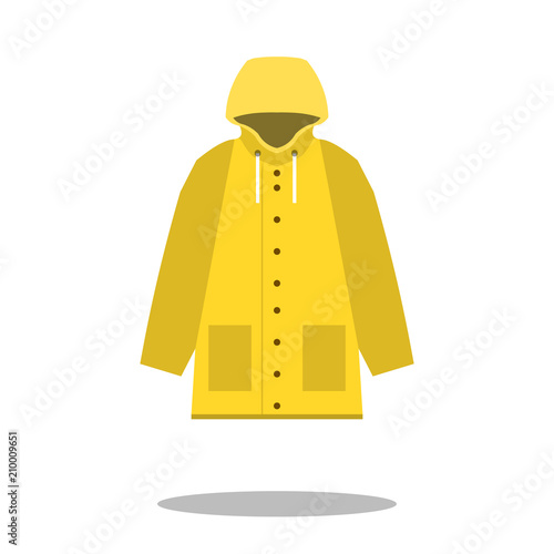 Raincoat yellow icon, Flat design of rain coat clothing with round shadow, vector illustration
