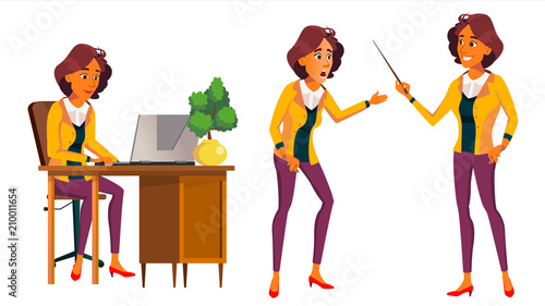 Office Worker Vector. Woman. Modern Employee, Laborer. Front, Side View. Business Woman. Situations. Emotions, Gestures. Flat Cartoon Illustration