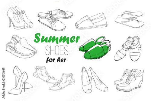 illustration of Set hand drawn graphic Men and women Footwear, shoes. Shoe for casual, sport and classical style, gumshoes, boots for all seasons. Doodle, drawing of isolated object.
