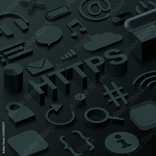 Black 3d htpps background with web symbols.