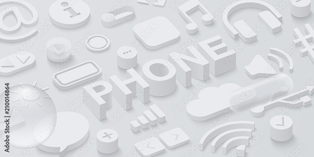 Grey 3d phone background with web symbols.