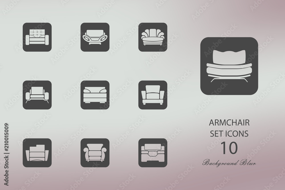 Armchairs. Set of flat icons on blurred background