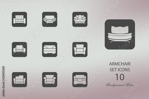 Armchairs. Set of flat icons on blurred background