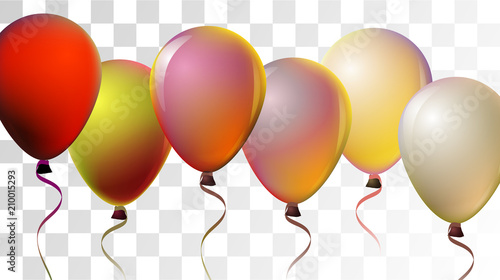 Bright Realistic Helium Vector Balloons Flying. Happy Birthday, New Year Party Ornament. Neon Modern Holidays Decoration, Air Helium Balloons. Celebration, Music Poster Discount Card Cool Design.