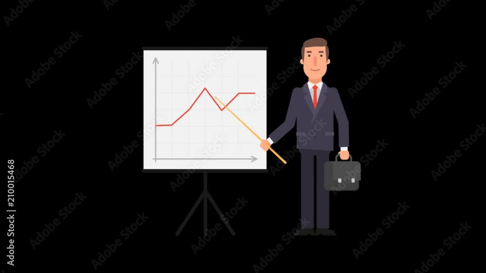 Businessman appears standing near flip chart holding pointer suitcase. Alpha channel. Businessman appears standing near flip chart holding pointer suitcase. Alpha channel.