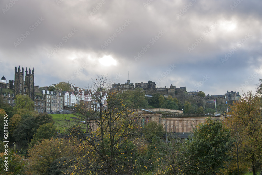 View across Princes Street Gardens and the National Gallery to the Royal Mile and Edinburgh Castle, Scotland