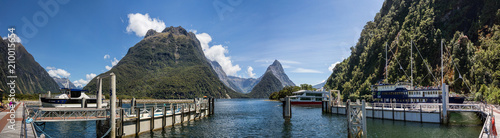 Milford Sound New Zealand December 28th 2014 : Panorama of Milford Sound dock, Fiordland, New Zealand