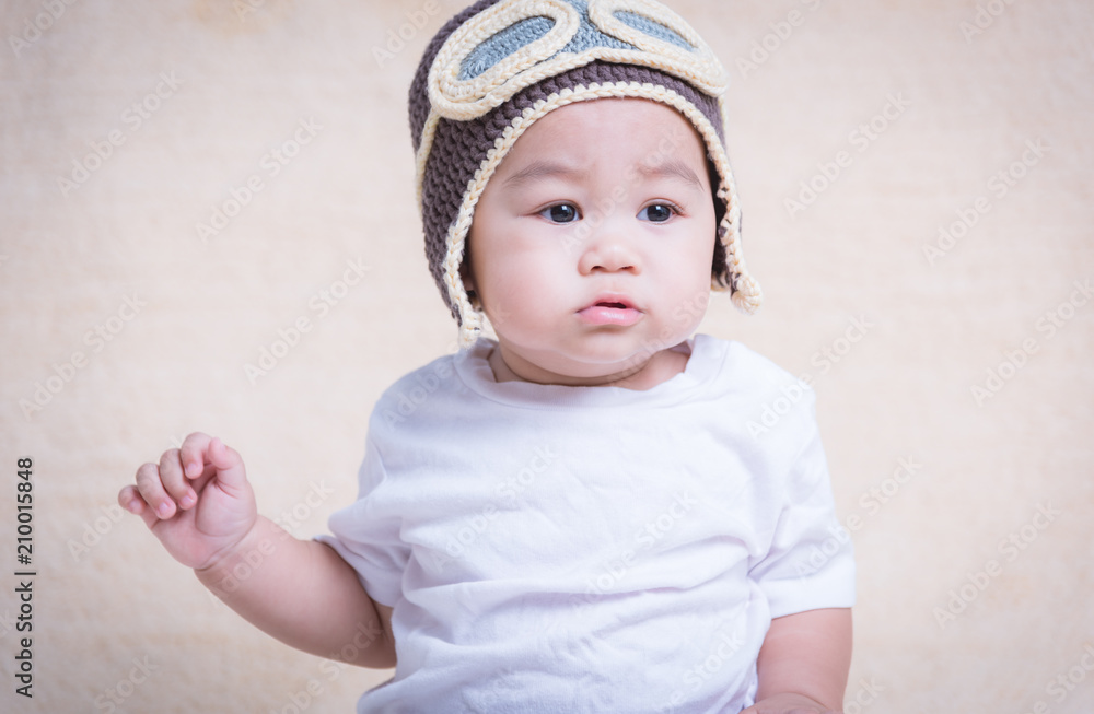 Baby boy newborn pilot aviator in hat brown color Baby boy newborn pilot aviator in hat brown color