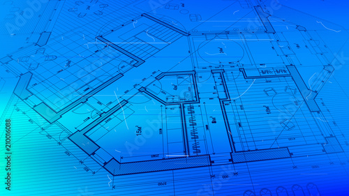 architectural blueprint - the architectural plan of a modern residential building with the layout of the interiors of different rooms, elements of furniture & equipment on a  technological background