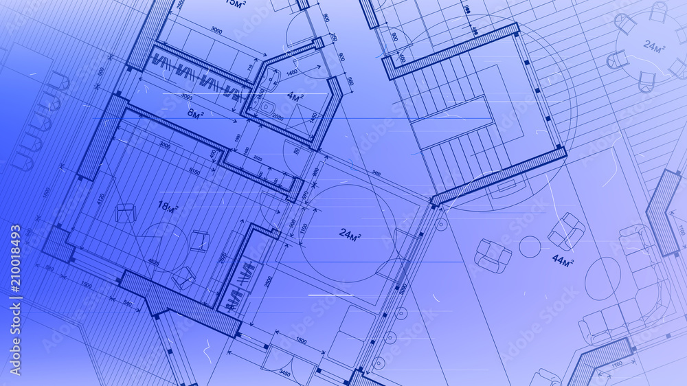 architectural blueprint - the architectural plan of a modern residential building with the layout of the interiors of different rooms, elements of furniture & equipment on a technological background architectural blueprint - the architectural plan of a modern residential building with the layout of the interiors of different rooms, elements of furniture & equipment on a technological background