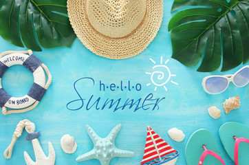 Tropical vacation and summer travel image with sea life style objects. Top view.