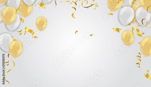 Stock vector illustration realistic defocused golden confetti, glitters Isolated on Background and balloons White golden