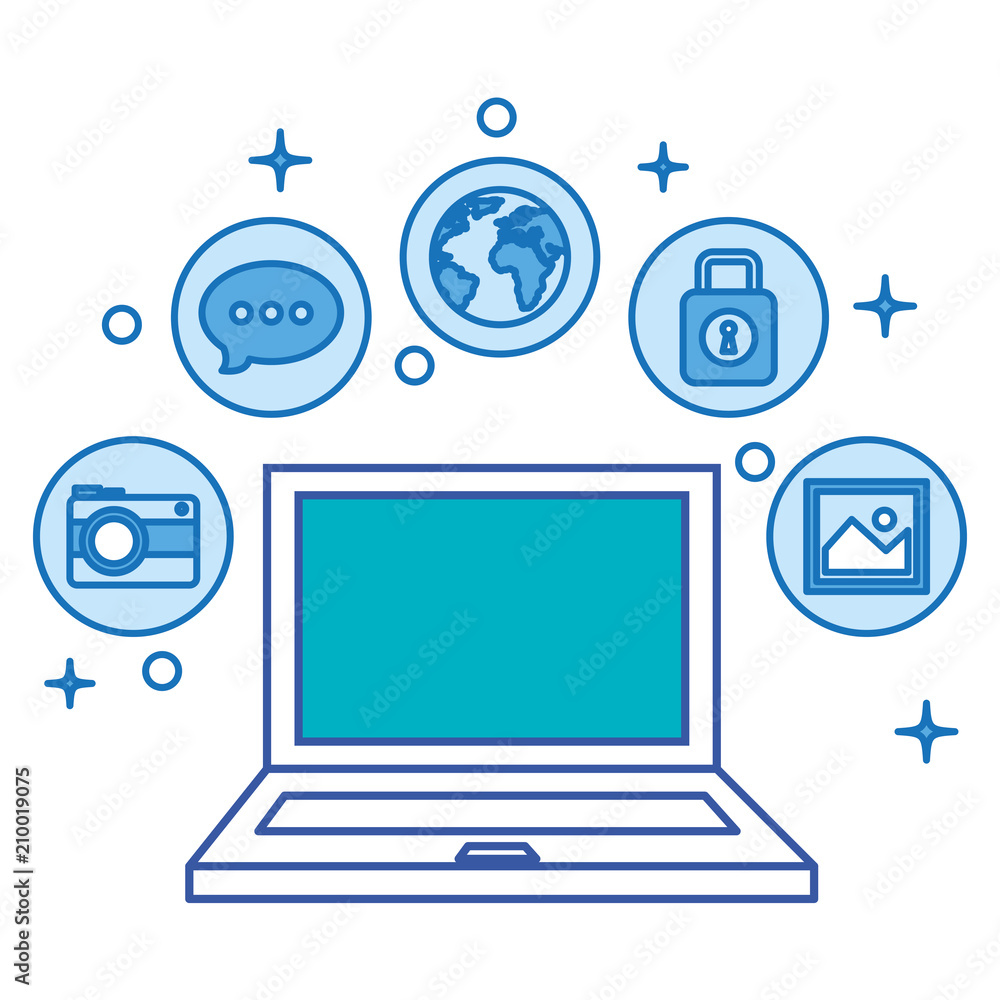 laptop computer with social media marketing icons vector illustration design laptop computer with social media marketing icons vector illustration design