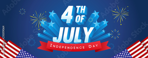 4th of July Banner Vector illustration. Fireworks celebrations with USA flag frame on blue background.