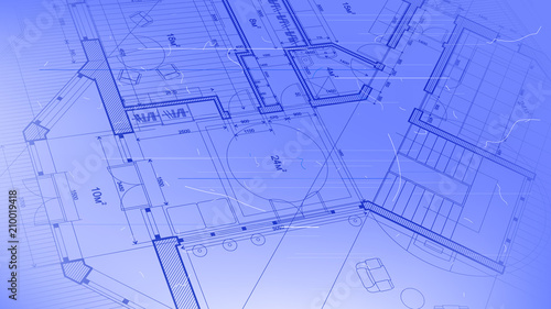 architectural blueprint - the architectural plan of a modern residential building with the layout of the interiors of different rooms, elements of furniture & equipment on a  technological background