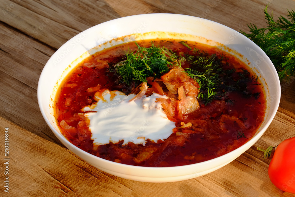 red soup, soup with tomatoes, traditional Ukrainian and Russian soup, borsch red soup, soup with tomatoes, traditional Ukrainian and Russian soup, borsch