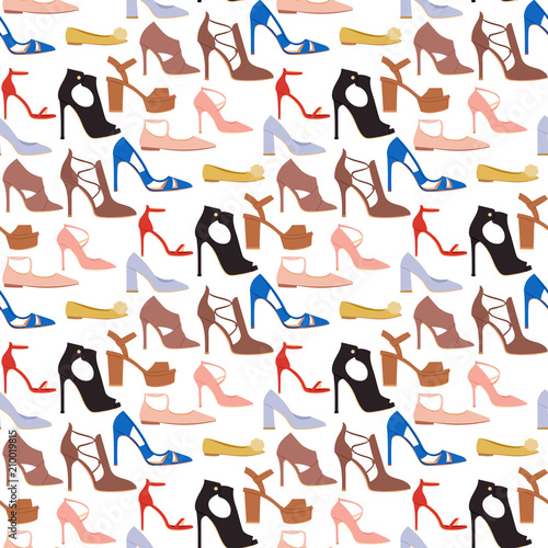 Womens shoes flat design vector footwear shoe store ad fashion boots hand drawn style of leather colored moccasins illustration wear seamless pattern background