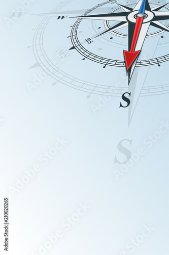 Compass south background vector illustration. Arrow points to the south. Compass on a blue background. Compass illustrations can be used as background. Flat background with copy space place.