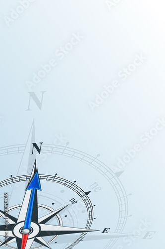 Compass north background vector illustration. Arrow points to north. Compass on a blue background. Compass illustrations can be used as background. Flat background with copy space. Travel concept.