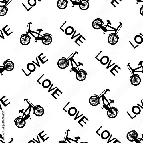 Seamless pattern with black bicycles  and words Love on the white background.