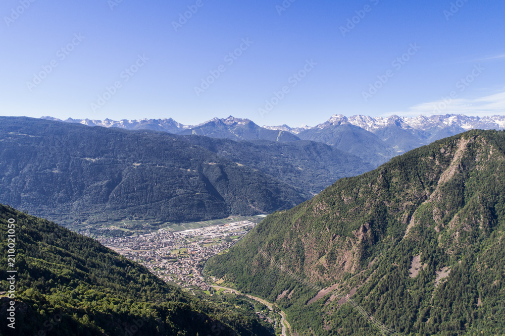 City of Tirano and Val Poschiavo. Aerial shot 