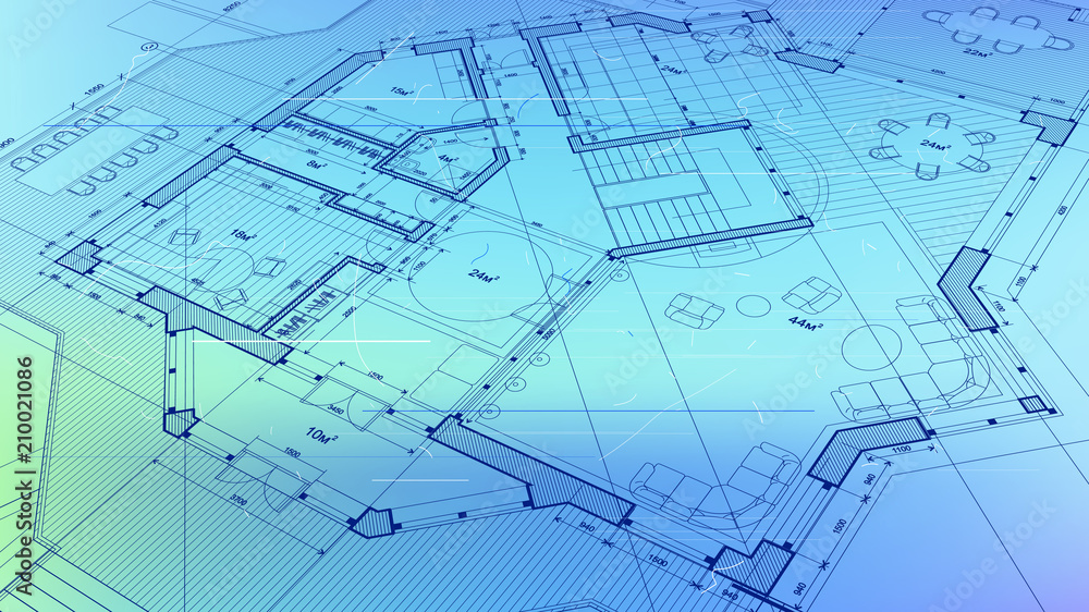 architectural blueprint - the architectural plan of a modern residential building with the layout of the interiors of different rooms, elements of furniture & equipment on a technological background architectural blueprint - the architectural plan of a modern residential building with the layout of the interiors of different rooms, elements of furniture & equipment on a technological background