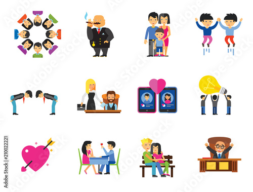 People Icon Set. Family Showing Respect Amour Symbol Couple On Park Bench Dating Team Dinner Friends Greeting Boss Director Common Idea Rich Person