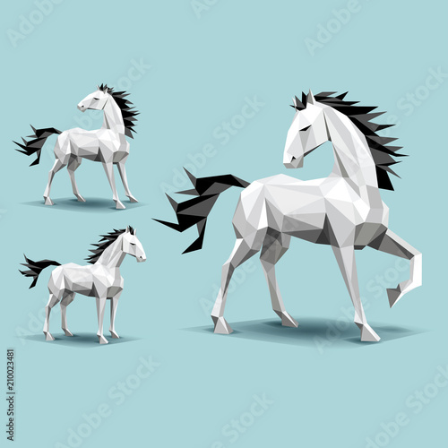 Naklejka trzy konie, kształty niskich wielokątów, na tle turkusowy, stojąc, nogi w górę, cienie, patrząc wstecz