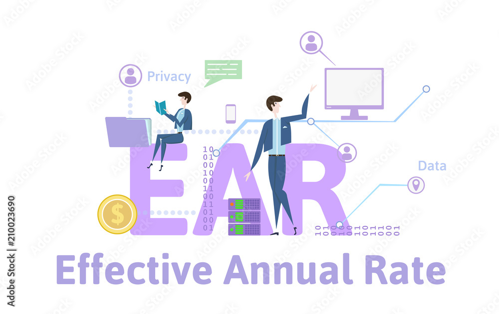 EAR, Effective annual rate. Concept with keywords, letters and icons. Colored flat vector illustration on white background. EAR, Effective annual rate. Concept with keywords, letters and icons. Colored flat vector illustration on white background.