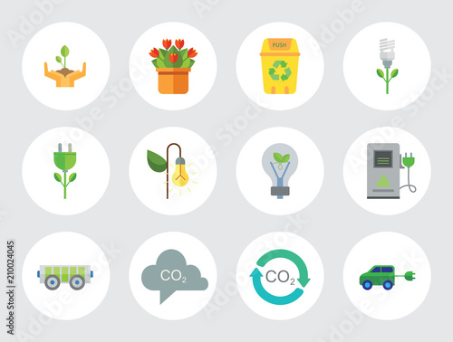 Eco Icon Set. Electrocart Flowers Electrocar Carbon Dioxide Cycle CO2 In Cloud Eco-friendly Lightbulb Circulation Sign Electric Plug Flower Lamp Flower Environmental Protection Eco Energy Recycle Bin