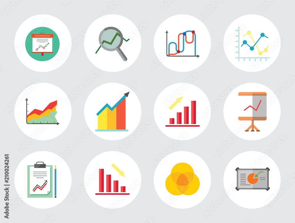 Setting Graph Icon Graph Icon Set. Magnifier And Graph Growing Bar Chart Declining Bar ...