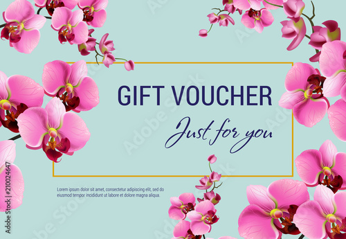 Just for you, gift certificate design with pink flowers and frame on light blue background. Text can be used for coupons, vouchers, flyers