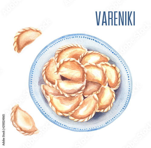 vareniki is traditional Russian or Ukranian dish, watercolor illustration