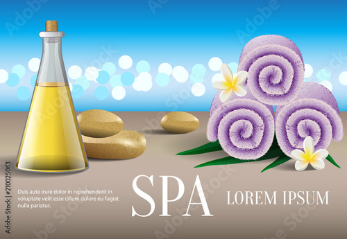 Spa lettering, bottle with oil, stones and towels. Spa salon advertising poster design. Typed text, calligraphy. For leaflets, flyers, brochures, posters or banners.