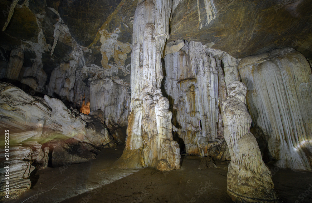 Stalactites and stalagmites in Tham Phu Wai, Cave in Thailand