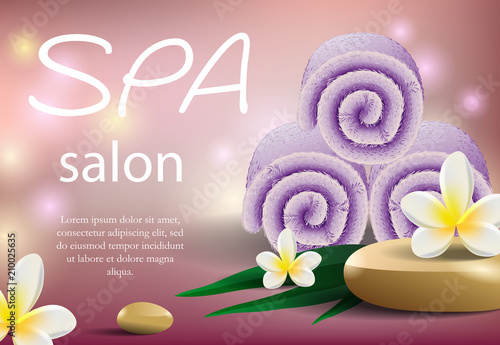 Spa salon lettering with purple towels. Realistic soft towel stack and tropic flowers on pink background with lights. Illustration with lettering can be used for greeting cards, posters and leaflets