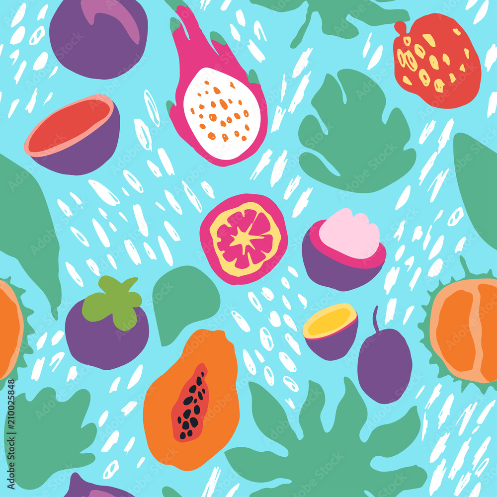 Minimal summer trendy vector tile seamless pattern in scandinavian style. Exotic fruit slice, plant leaf and abstract elements. Textile fabric swimwear graphic design for print isolated on white.
