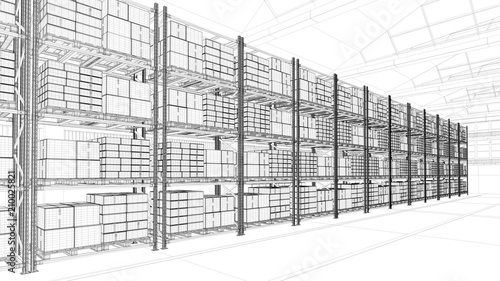 CAD Entwurf von Lagerhaus mit Regalen