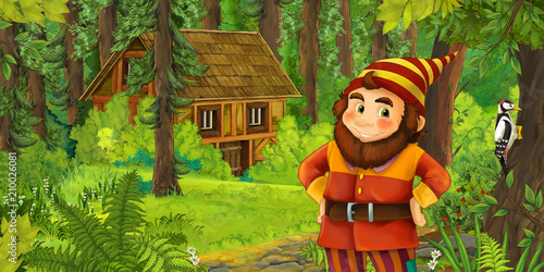Fototapeta Naklejka Na Ścianę i Meble -  cartoon scene with happy dwarf in the forest near the wooden house - illustration for children