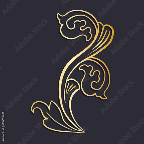 Gold Isolated plant with leaves decorations. Italian flourish baroque ornate for wedding or christmas, certificate. Yellow floral crown or golden wreath. Luxury and victorian, royal and headpiece