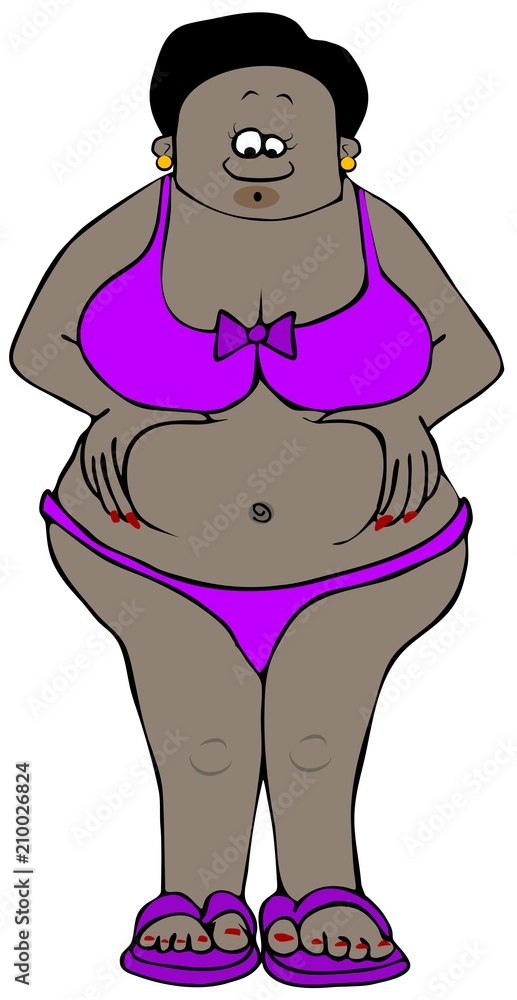 Illustration of a chubby black girl wearing a bikini and squeezing her  belly fat. Stock Illustration | Adobe Stock