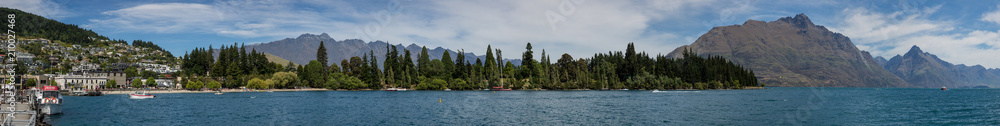 Queenstown New Zealand, December 24th 2014 : Panoramic view of Queenstown harbour and the Remarkables mountain range