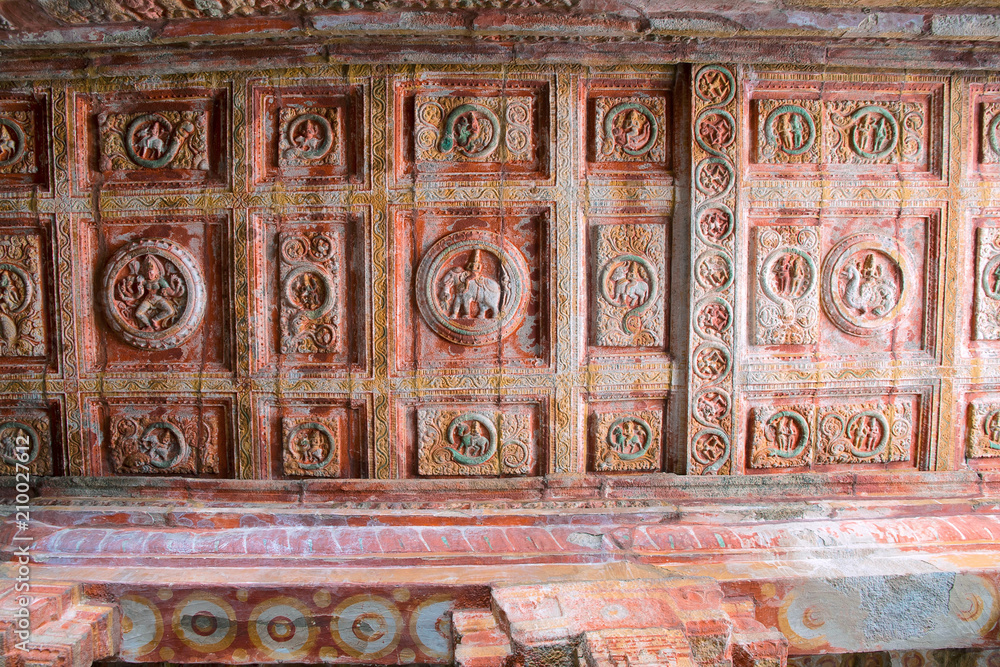 Sulptures and carvings on the ceiling, Nataraja mandapa, Airavatesvara Temple complex, Darasuram, Tamil Nadu. In the centre panel from left - Durga, Indra and Brahma.
