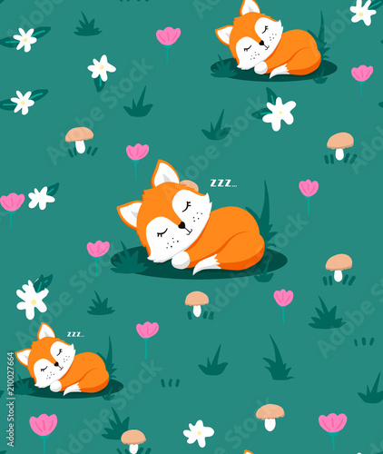 Seamless pattern with cute sleeping fox and flowers, mushrooms, herb. Vector illustration