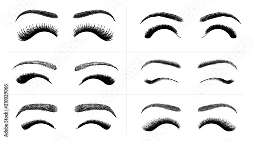 Set of Black False eyelashes and eyebrows. Woman beauty product. False lashes realistic. Hand drawn female eyelashes. Vector illustration. Isolated on white background