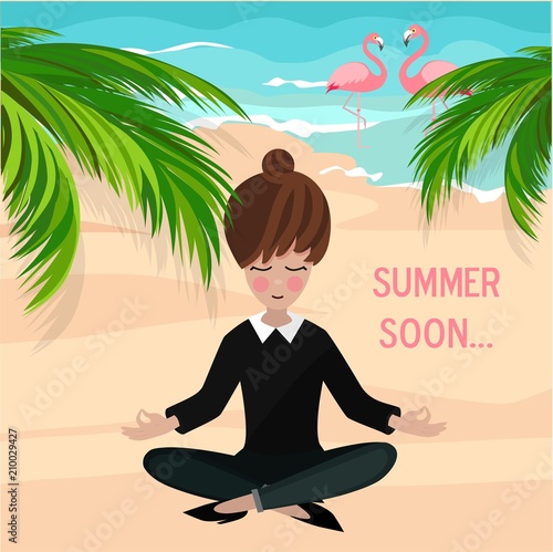 Office worker dreams about vacation and meditates. Young woman, flamingo, palms. Vector illustration. Sea background.