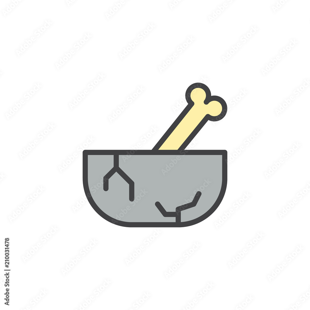 Stone bowl with bone filled outline icon, line vector sign, linear colorful pictogram isolated on white. Prehistoric dishware symbol, logo illustration. Pixel perfect vector graphics Stone bowl with bone filled outline icon, line vector sign, linear colorful pictogram isolated on white. Prehistoric dishware symbol, logo illustration. Pixel perfect vector graphics
