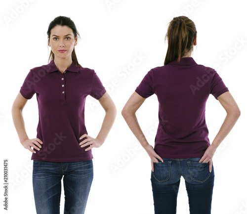 Brunette woman posing with blank purple polo shirt