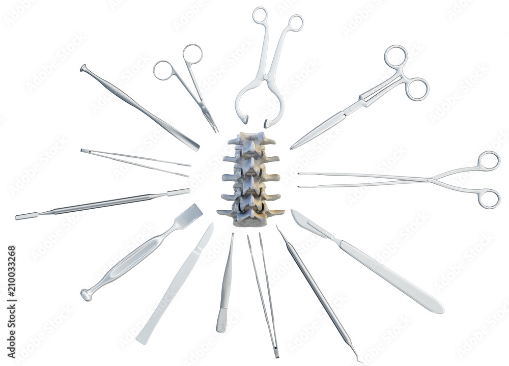 Medical surgical instruments around the part of the diseased spine - scalpel, scissors, forceps, lancet, chisel, knife. Medicine and healthcare concept, isolated on white. 3D illustration Medical surgical instruments around the part of the diseased spine - scalpel, scissors, forceps, lancet, chisel, knife. Medicine and healthcare concept, isolated on white. 3D illustration