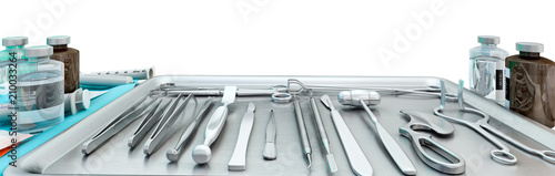 Medical equipment in modern operating room. Surgery tools on the table - scalpel, scissors, forceps, lancet, chisel, medicines. Medicine and healthcare concept. 3D illustration photo